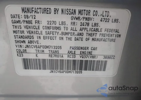 2013 Infiniti G37 Journey from USA, damaged, VIN JN1CV6AP0DM713205